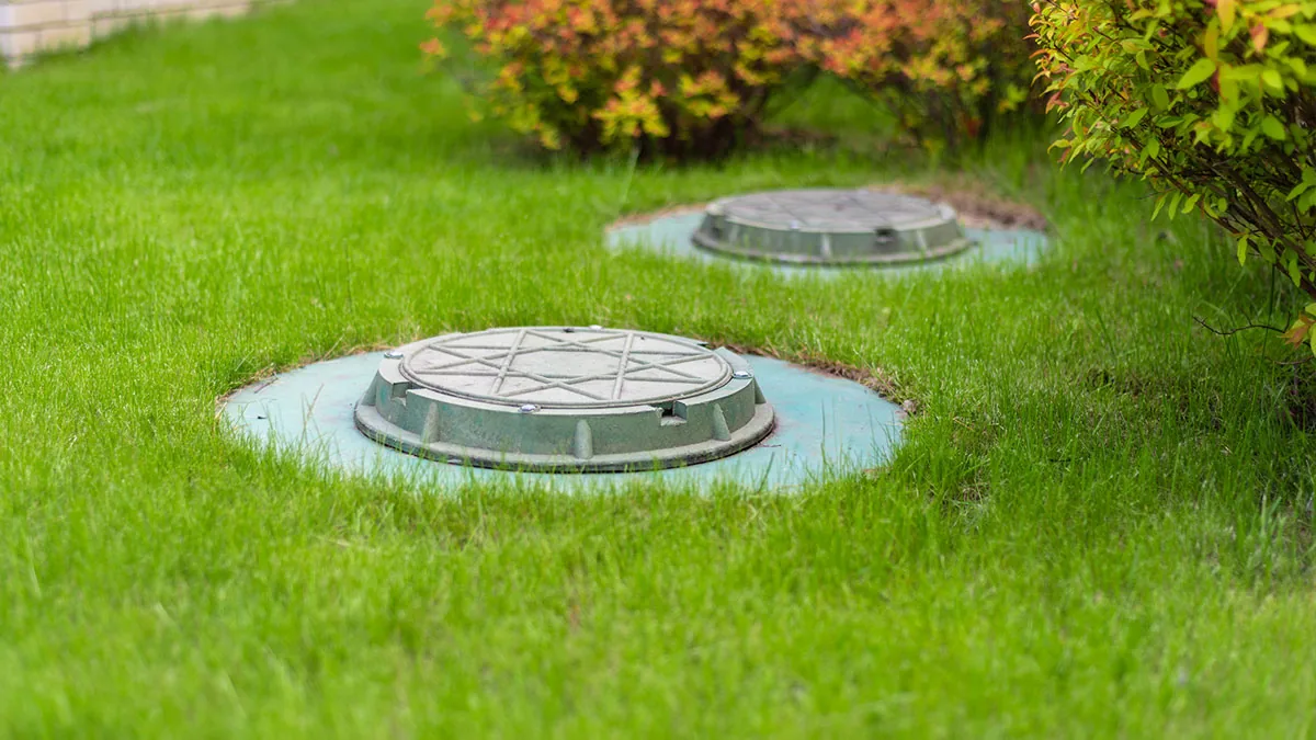 Septic access lids in a lawn where wastewater problems may need prompt attention.