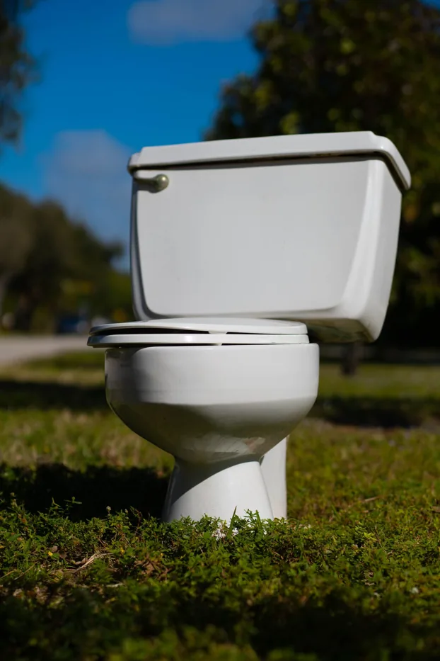 Toilet seat sitting outdoors on grass, representing rural septic and plumbing warning signs.